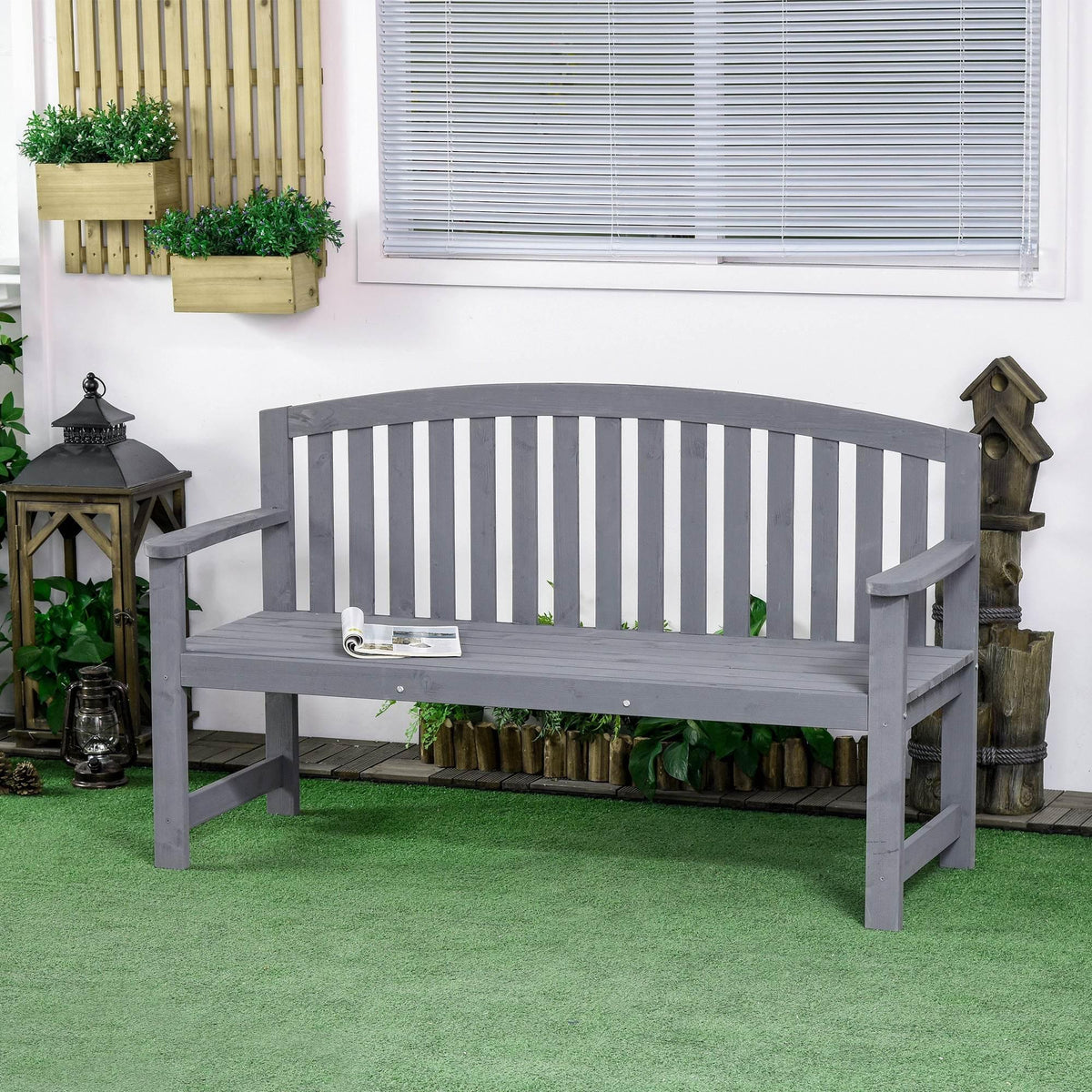 Grey fir wood outdoor 2-seater garden bench with armrests and slatted back