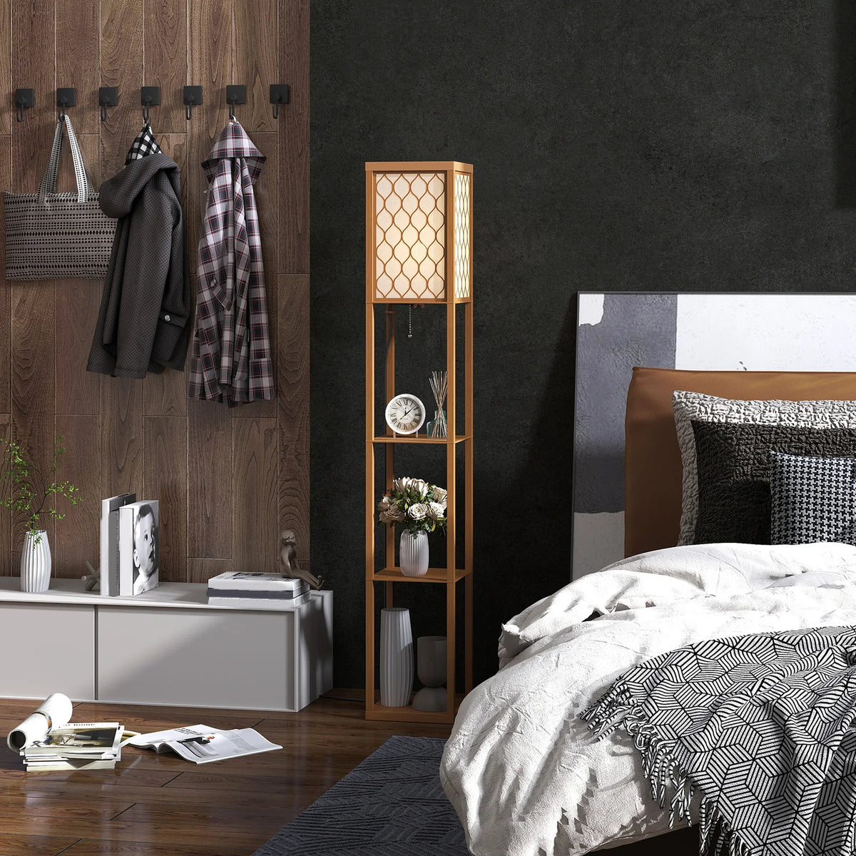 Narrow standing lamp with honeycomb shade and three open shelves in natural wood.