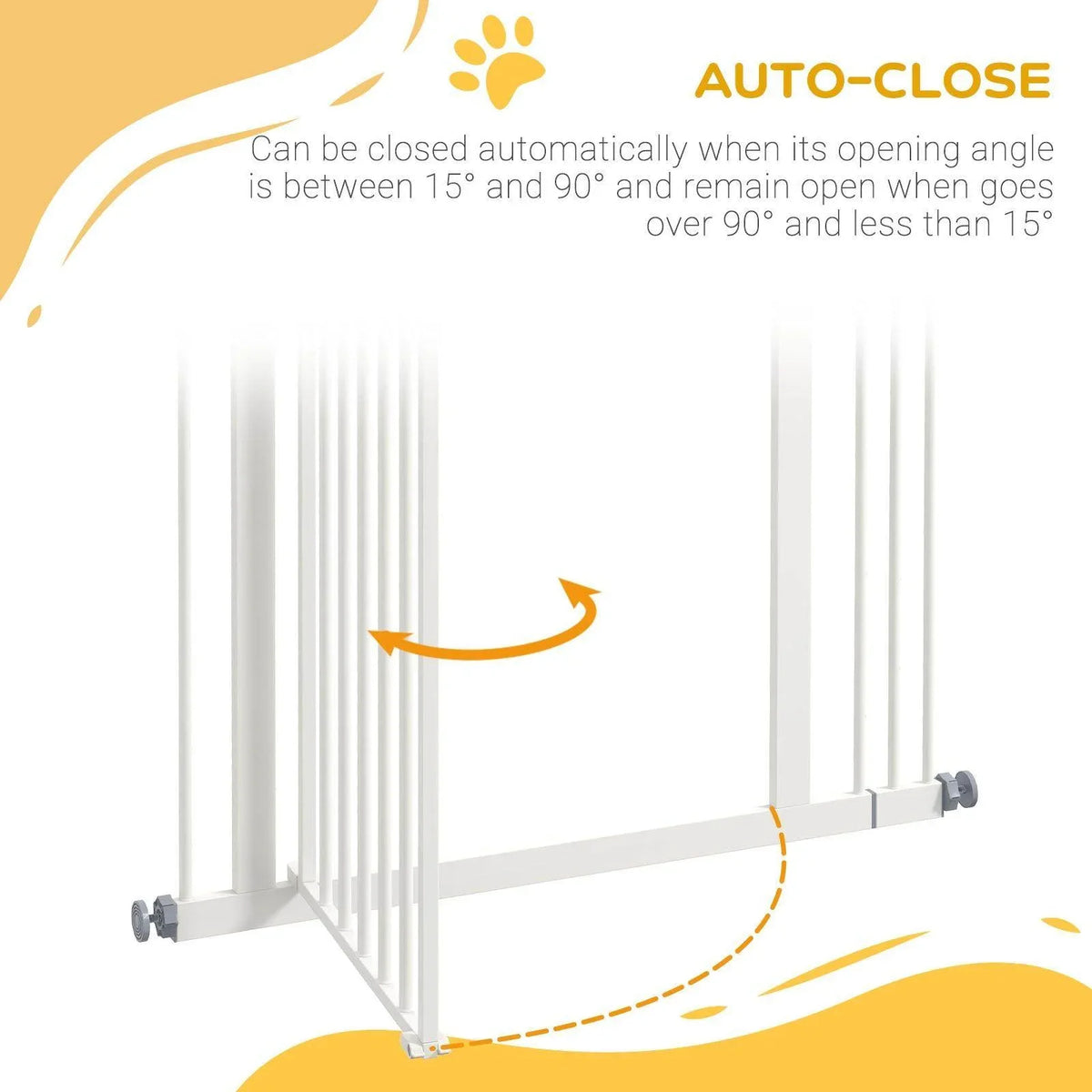 White pet safety gate showing auto-close hinge mechanism on side