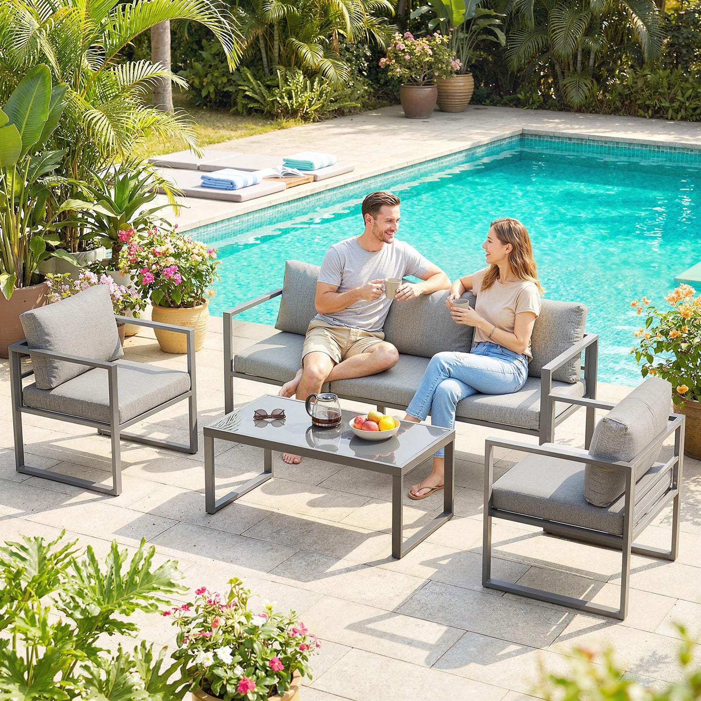 Outsunny 4 Piece Outdoor Patio Garden Furniture Set With 3 Seater Sofa Armchairs And Coffee Table