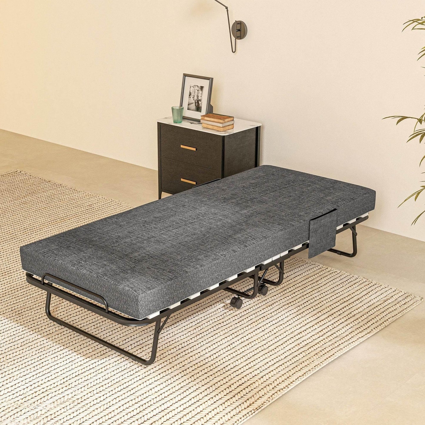 HOMCOM Portable Folding Bed with Mattress and Wheels - Dark Grey/Black - ALL4U RETAILER LTD