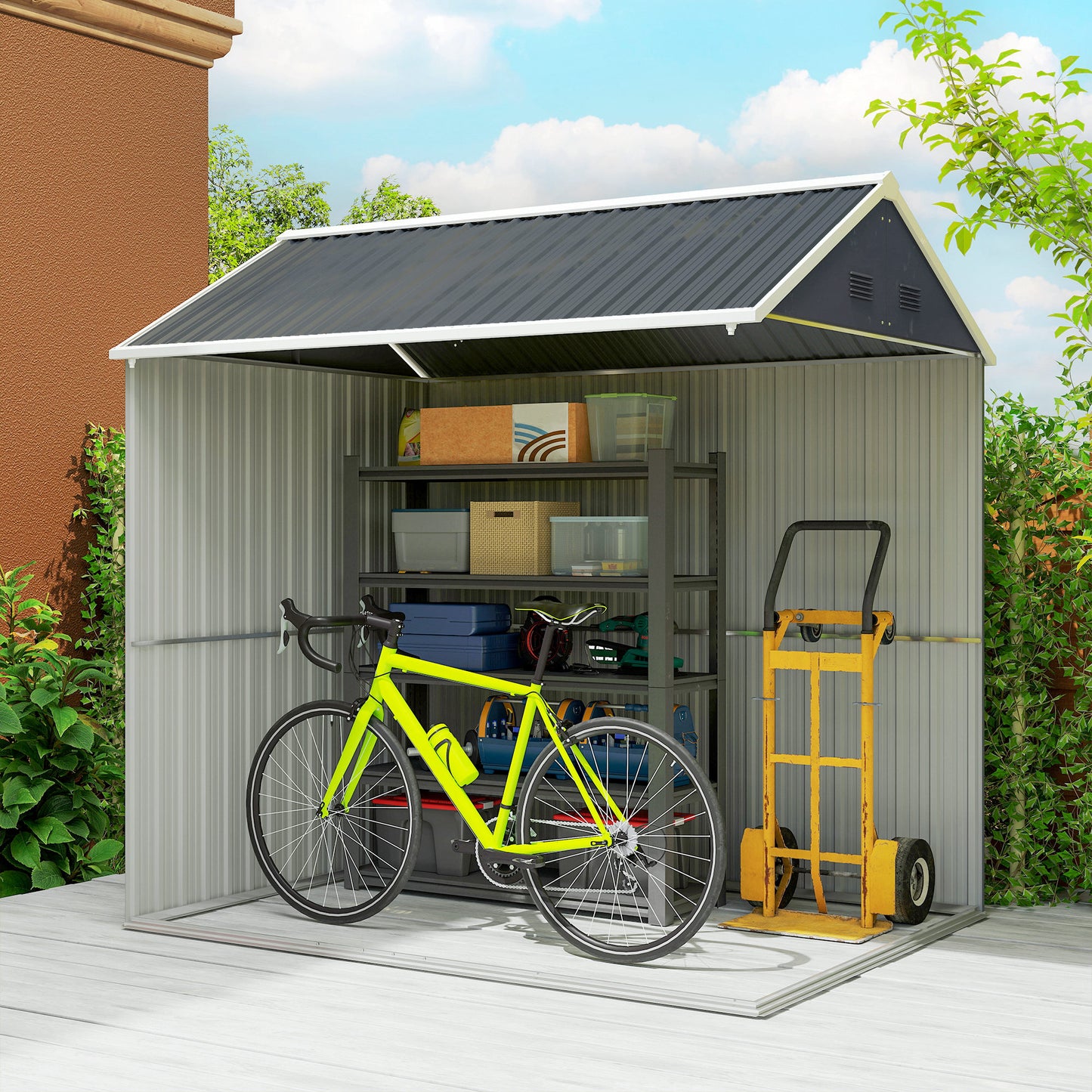 Outsunny 7 By 6ft Galvanised Garden Shed With Latch And Steel Frame Dark Grey Outdoor Storage
