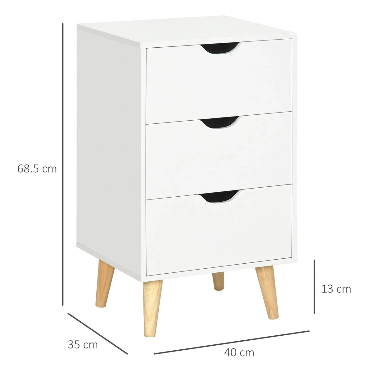 White 3-drawer dresser chest with black curved handles and light wood legs, front view