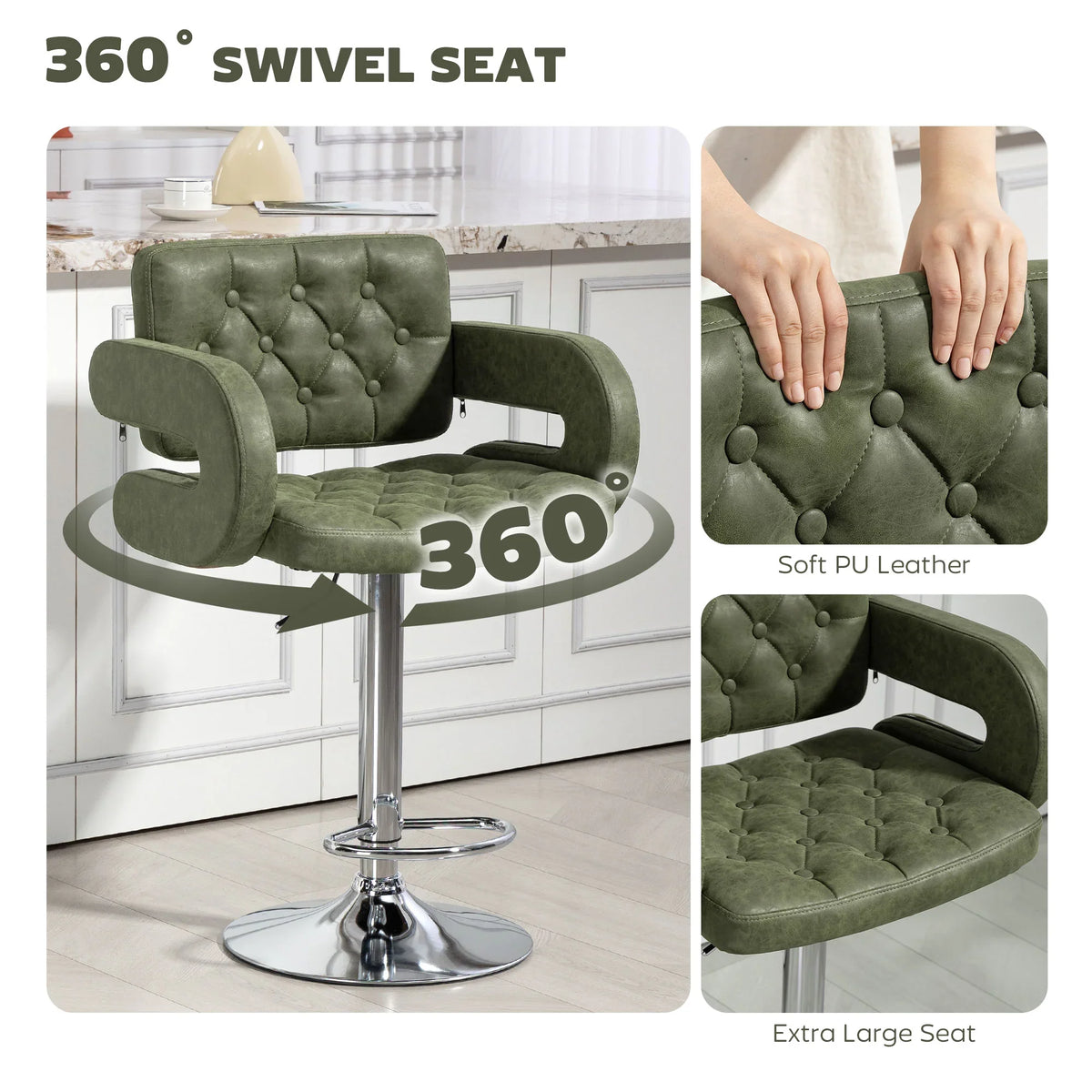 Green 360-degree swivel bar stool with padded backrest, armrests, and chrome pedestal