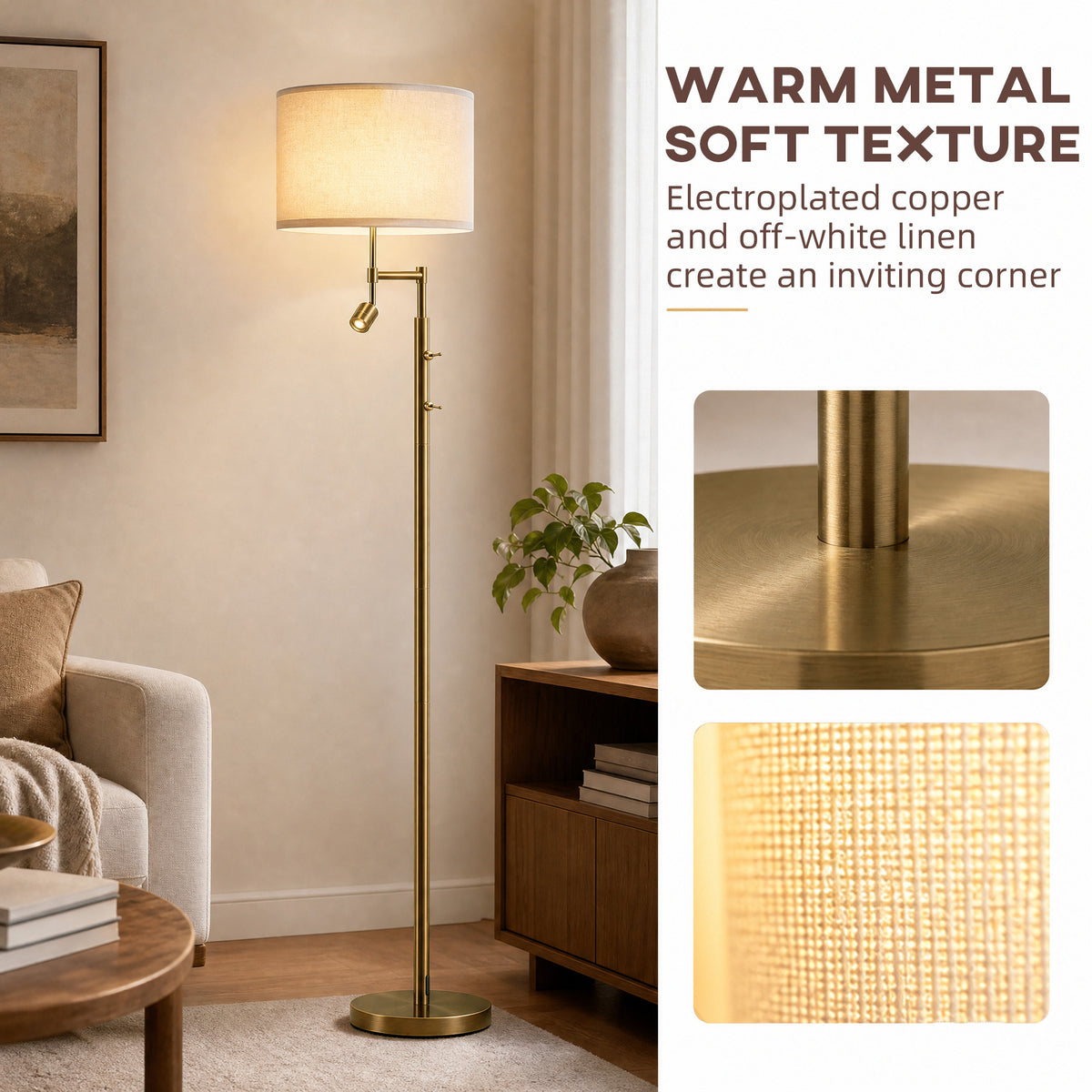 Homcom Modern Floor Lamp With Copper Finish And Built In Reading Light