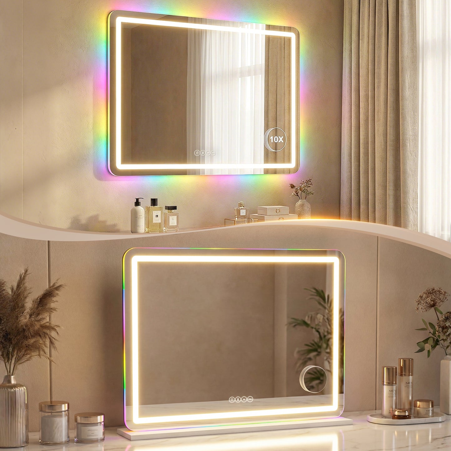 HOMCOM Vanity Mirror With Lights Dimmable Makeup Mirror Adjustable Color Temperature RGB LED Light Bluetooth Speaker White