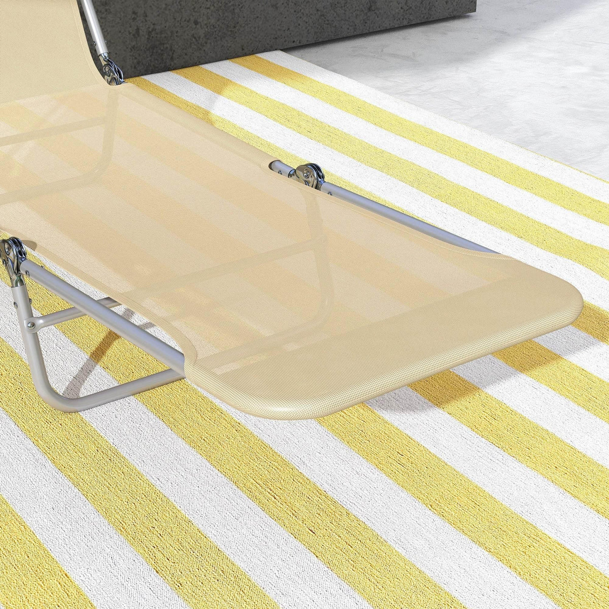 Close-up of beige padded seat on adjustable sun lounger with foldable steel supports
