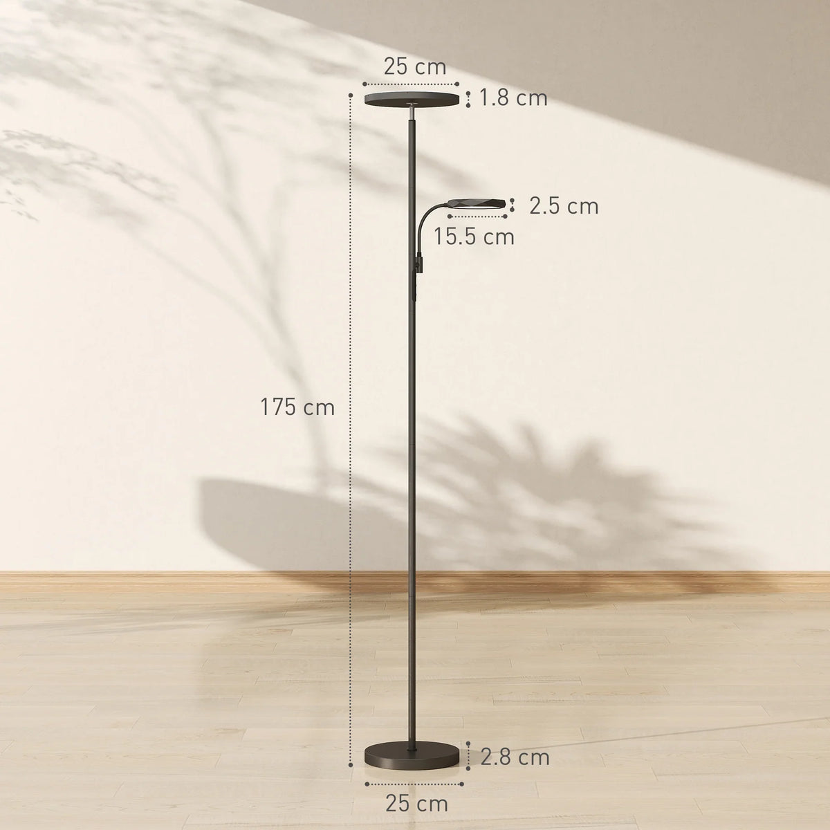 Tall black LED floor lamp with round base, two light heads, and height measurement