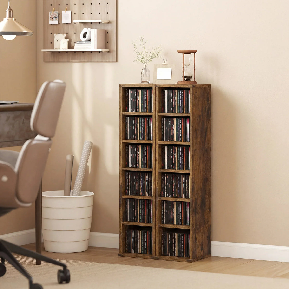 Rustic brown CD media display shelf tower with open compartments for music discs