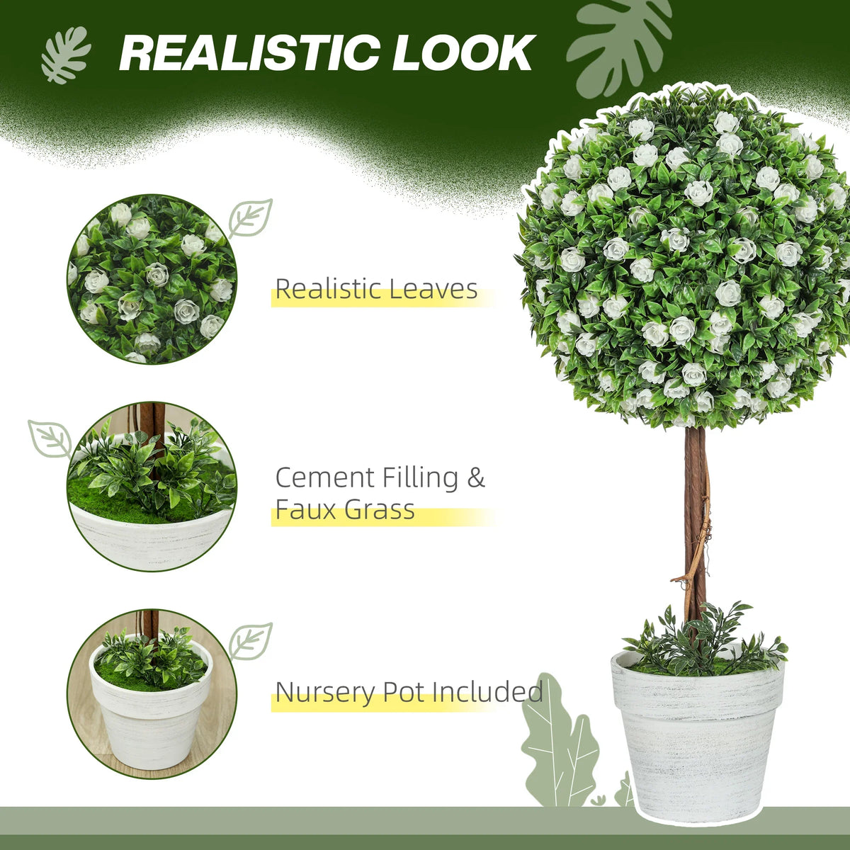 Artificial rose topiary ball tree with dense green leaves and white rose blooms
