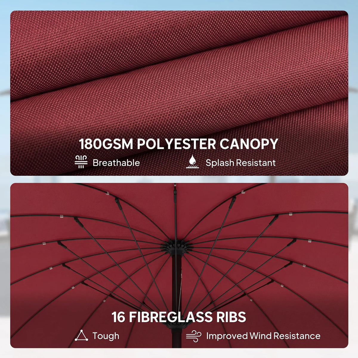 Wine red polyester parasol canopy with visible woven texture and fibreglass rib frame