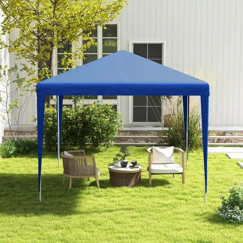 Blue outdoor gazebo canopy with peaked roof, open sides, set up in a yard