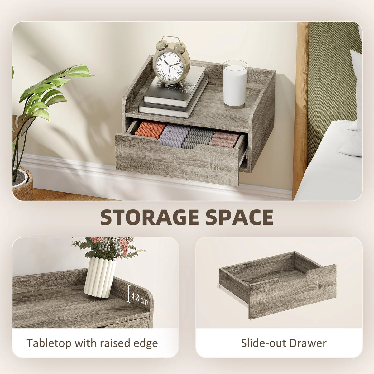 Grey wood-effect floating bedside tables set with slide-out drawer and raised tabletop