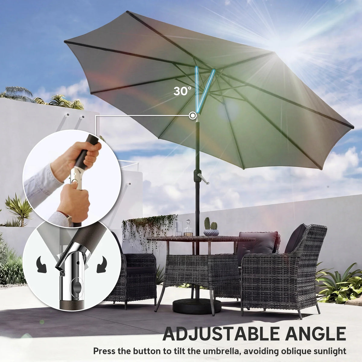 Tilt-adjustable dark grey patio umbrella with crank control and angled canopy