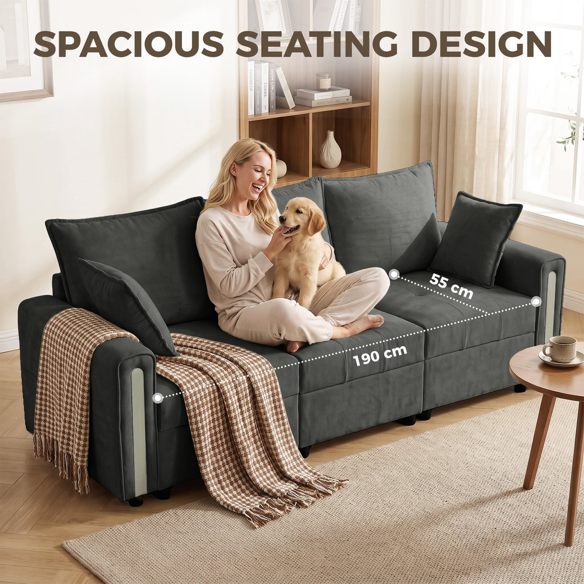 Dark grey 3-seat velvet sofa with wide arms and cushioned backrest