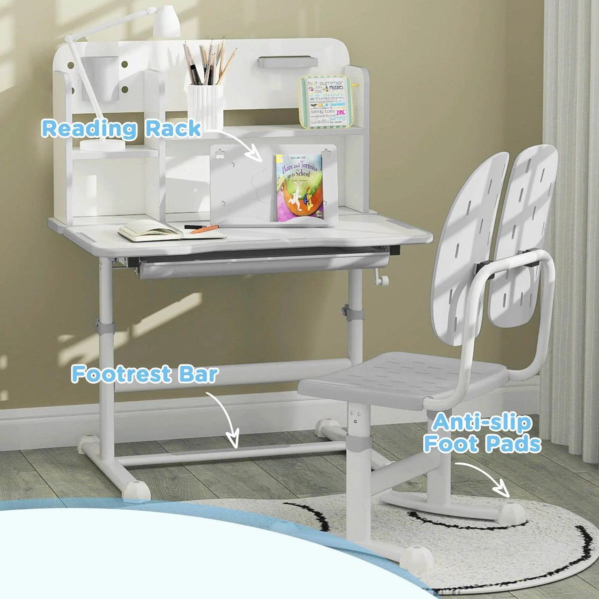 Kids study desk and chair with reading rack, footrest bar, and anti-slip pads