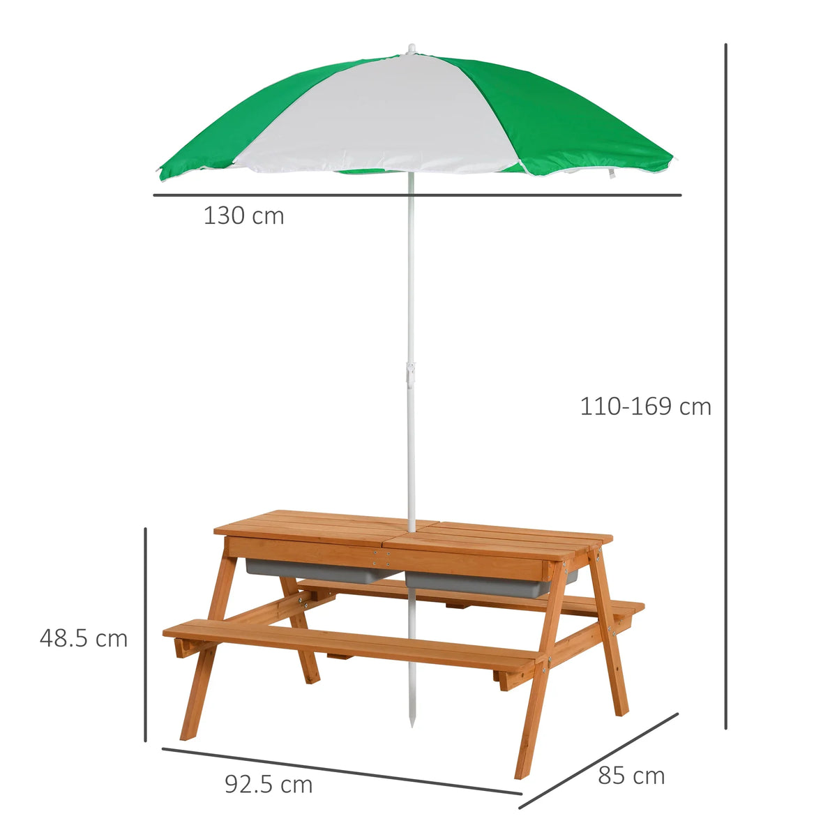 Kids wooden picnic table with benches and green-and-white adjustable parasol