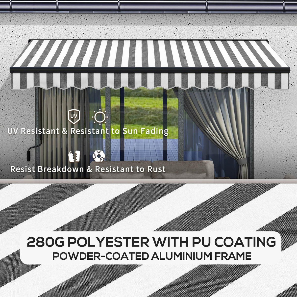 Retractable awning canopy with gray-and-white stripes and scalloped valance