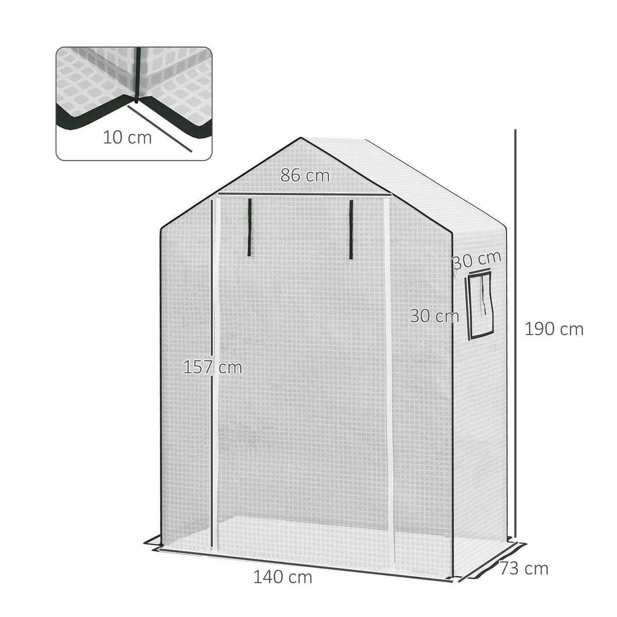 White walk-in greenhouse PE cover with roll-up door opening and side window panel
