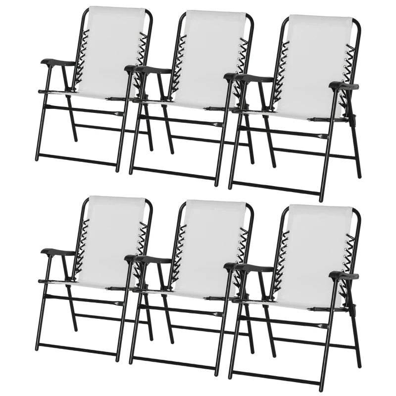 Set of 6 cream folding patio chairs with armrests and breathable mesh seat/back