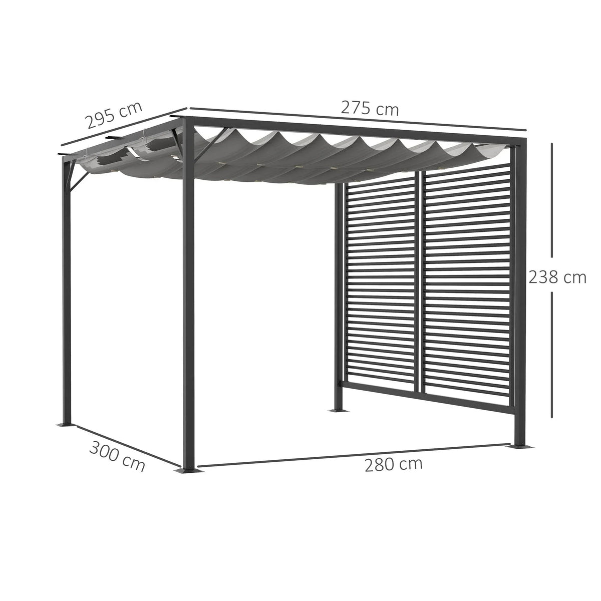 Adjustable grey metal pergola with retractable canopy and louvered side panels, size diagram
