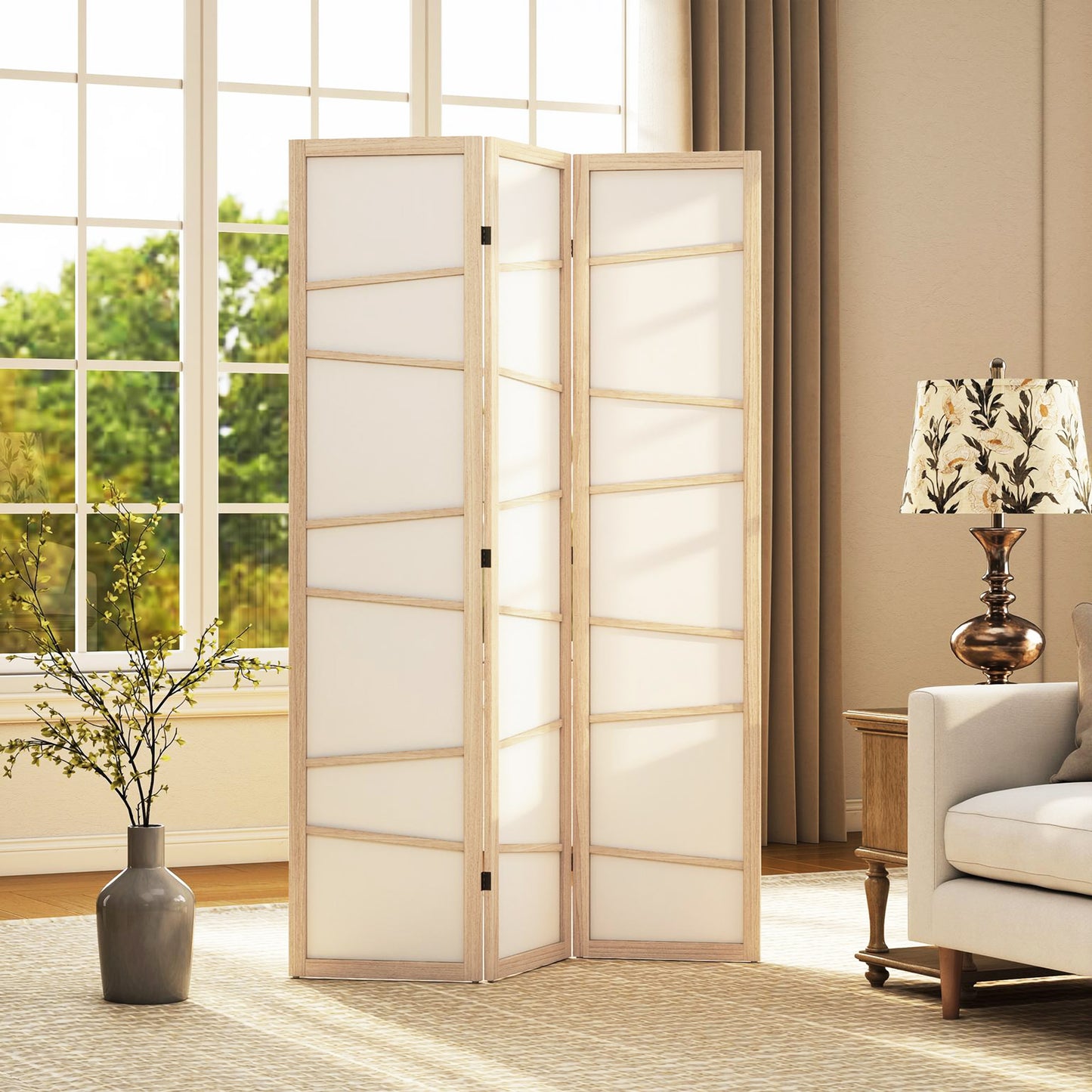HOMCOM 3 Panel Wooden Folding Privacy Screen Room Divider For Bedroom Living Room Natural Wood Finish