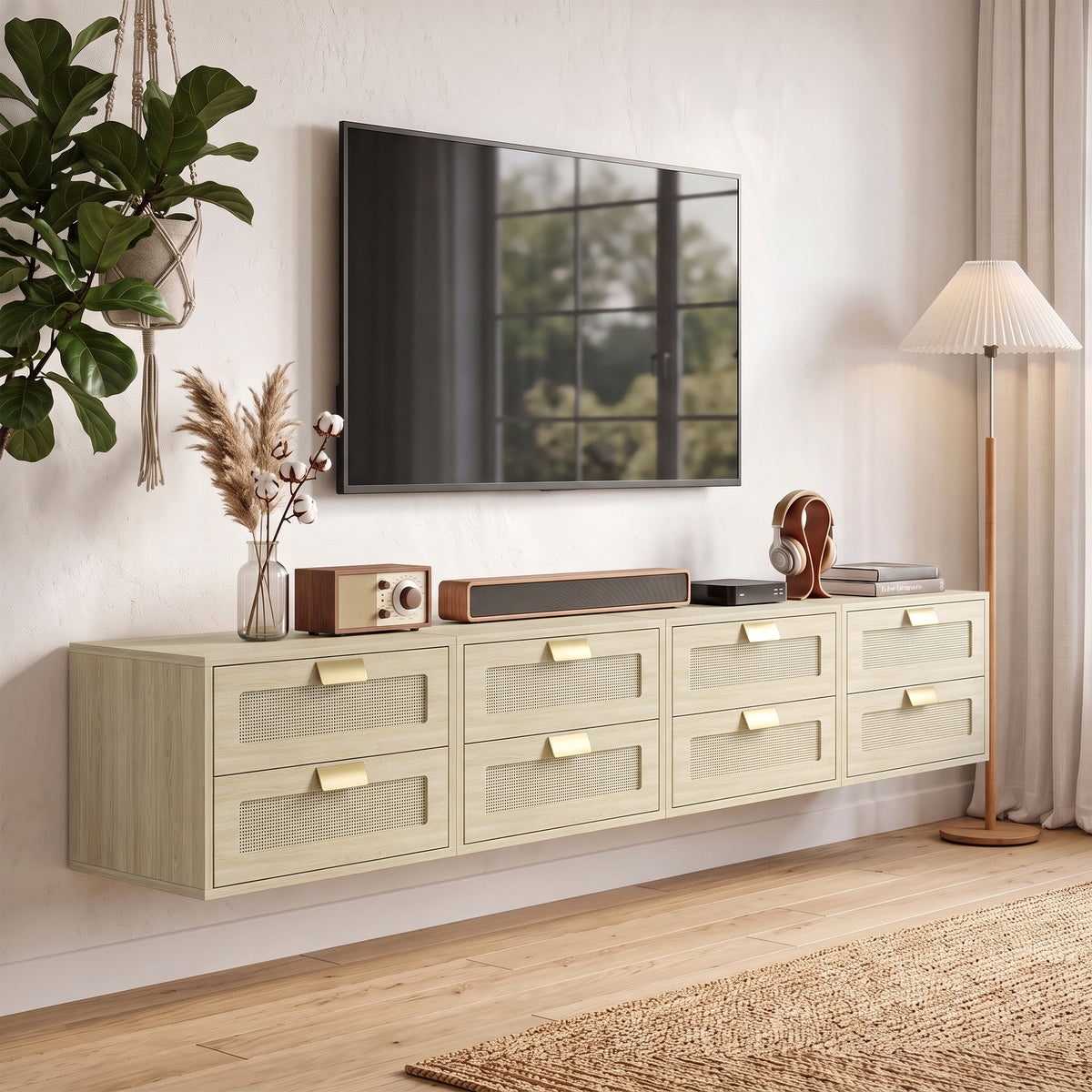 Light oak floating console with multiple mesh-front drawers and brass-tone pulls