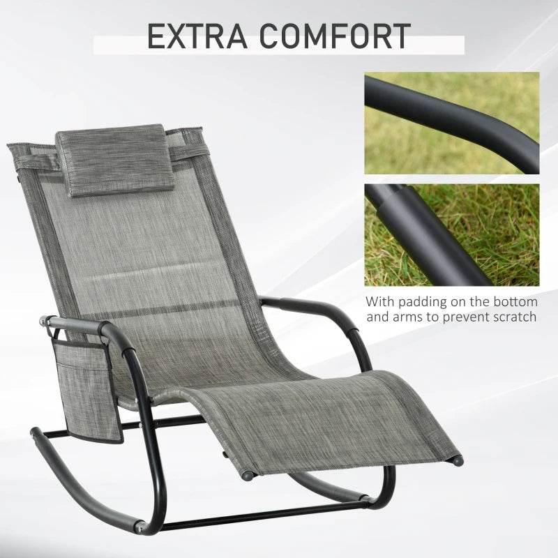Outsunny 2PCs Outdoor Garden Rocking Chair, Patio Sun Lounger with Breathable Mesh Fabric, Removable Headrest Pillow, Armrest, Side Storage Bag - Dark Grey - ALL4U RETAILER LTD