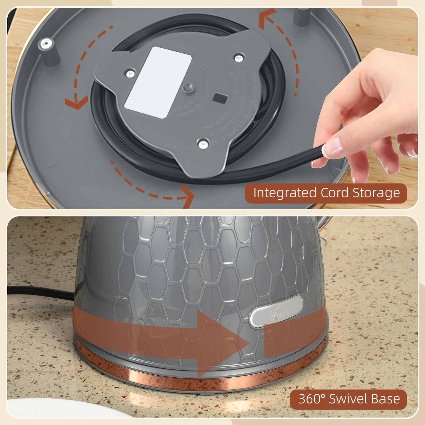 HOMCOM 3kW Rapid Boil Honeycomb Kettle Grey Electric Kettle With Boil Dry Protection