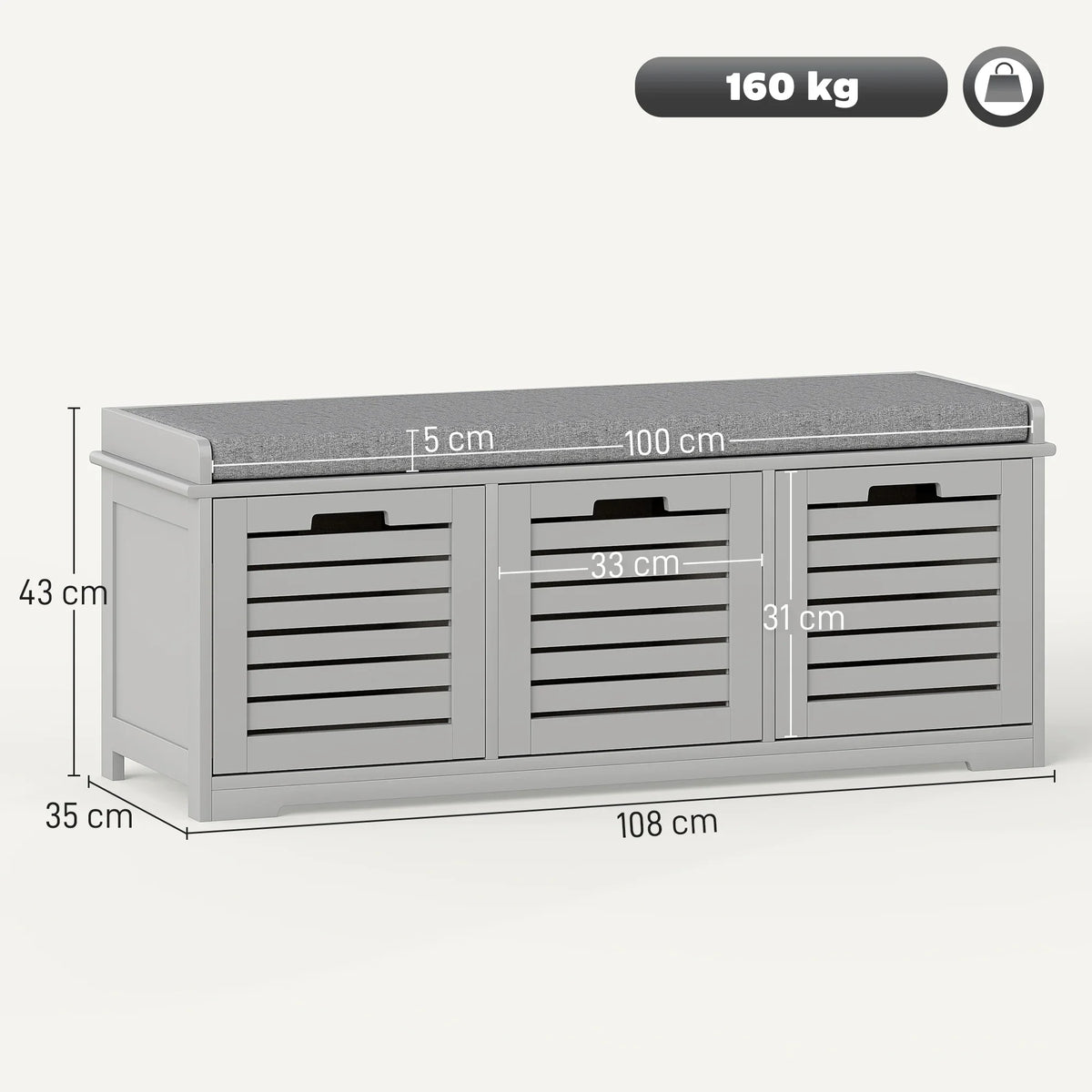 Grey shoe storage bench with cushioned top and three front slatted cabinet doors