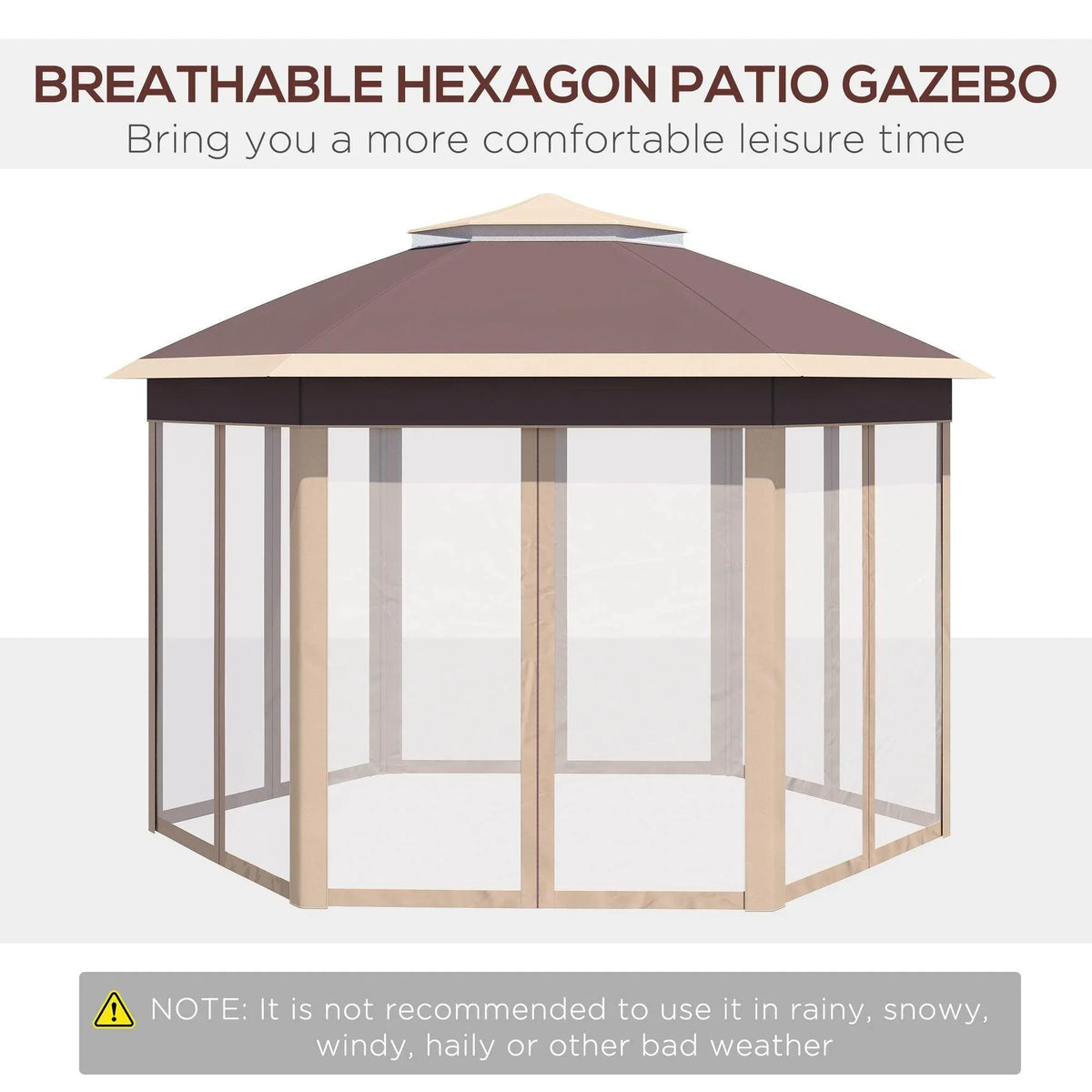 Hexagon patio gazebo with double-roof canopy and mesh curtains, khaki frame