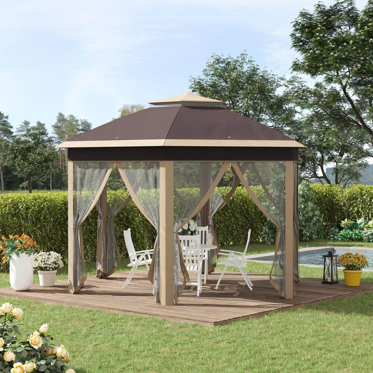 Khaki hexagon pop-up gazebo with double roof and mesh side curtains, outdoor patio shelter