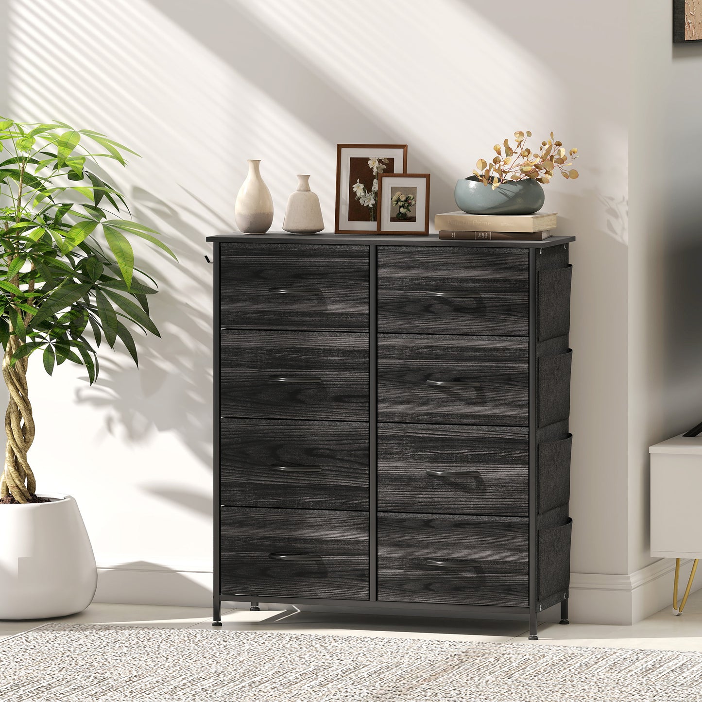 HOMCOM Eight Drawer Fabric Chest Of Drawers In Black With Steel Frame And Side Pockets