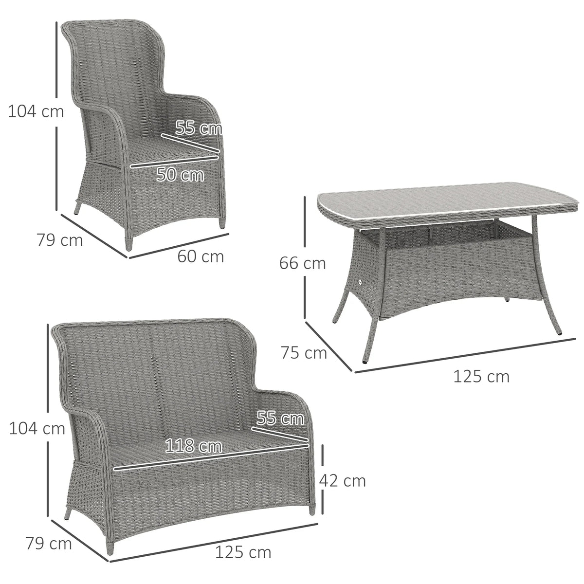 Light gray rattan armchair and coffee table with size diagram