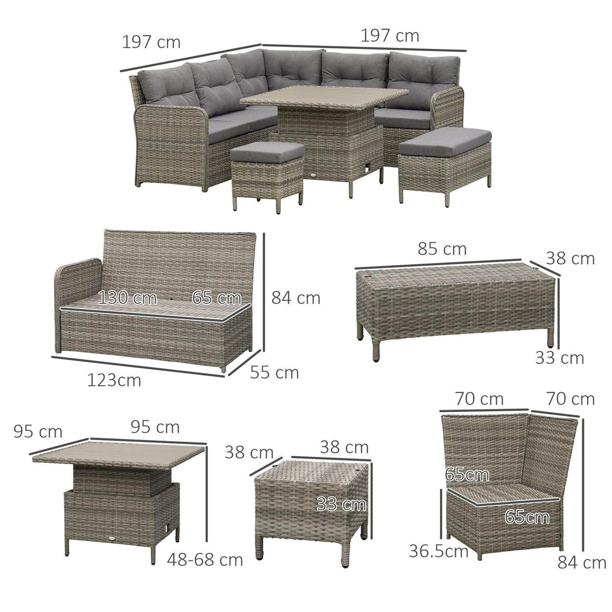 Gray rattan wicker sectional corner sofa set with matching ottomans, top view