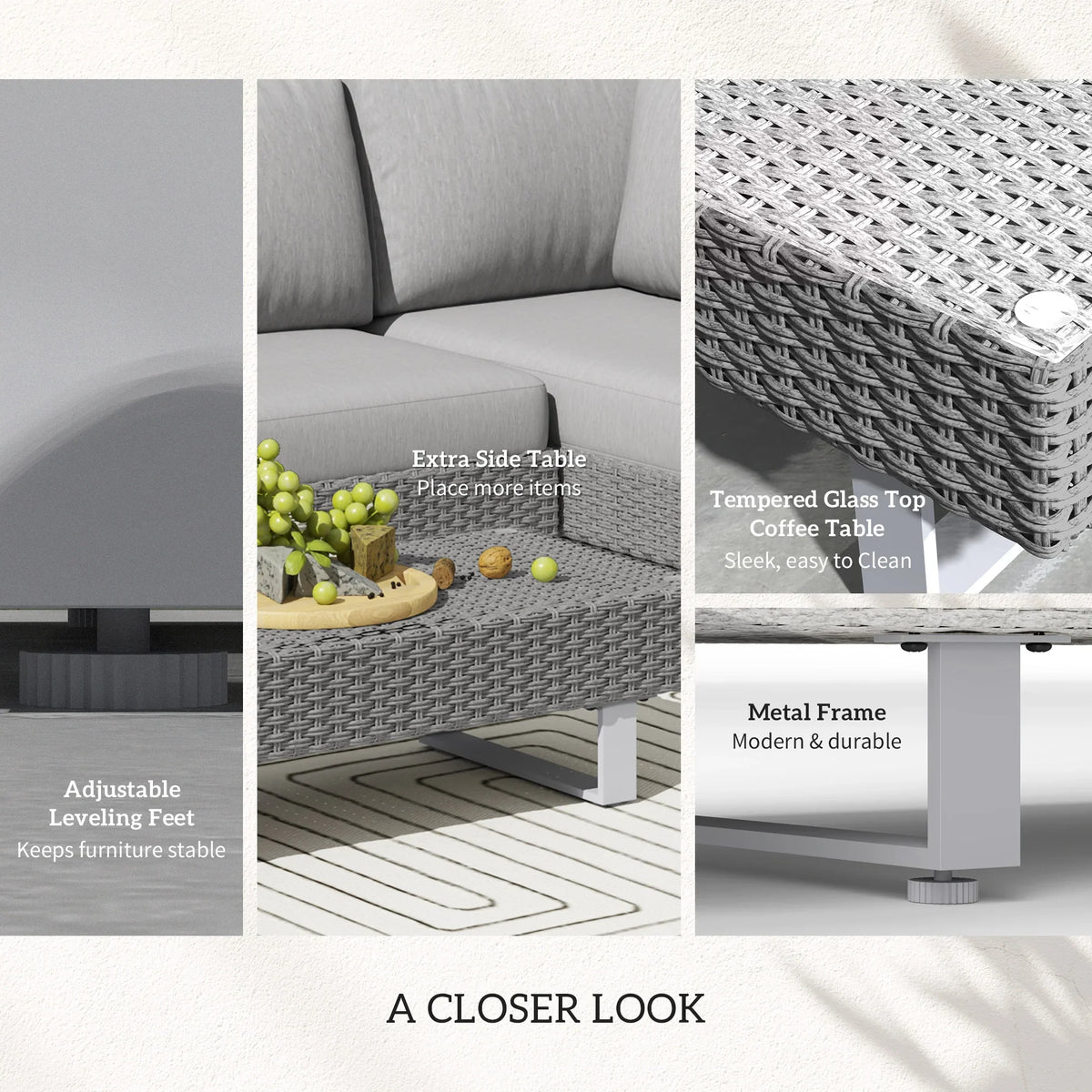 Light-grey outdoor rattan sofa set with side table, tempered glass top, and metal frame