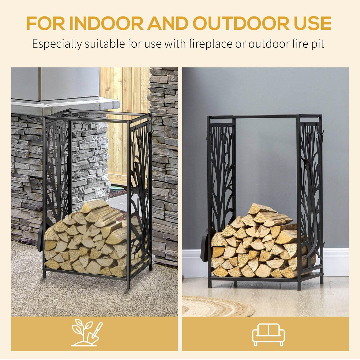Black steel firewood rack with stacked logs, styled for indoor and outdoor use