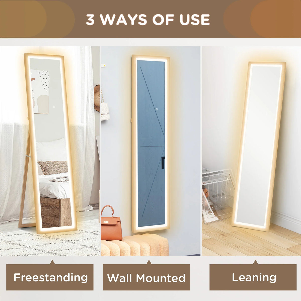 Full-length LED mirror with oak frame shown freestanding, wall-mounted, and leaning