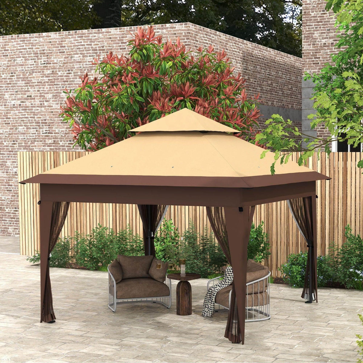 Khaki pop-up gazebo with mosquito netting and dark side curtains, double roof