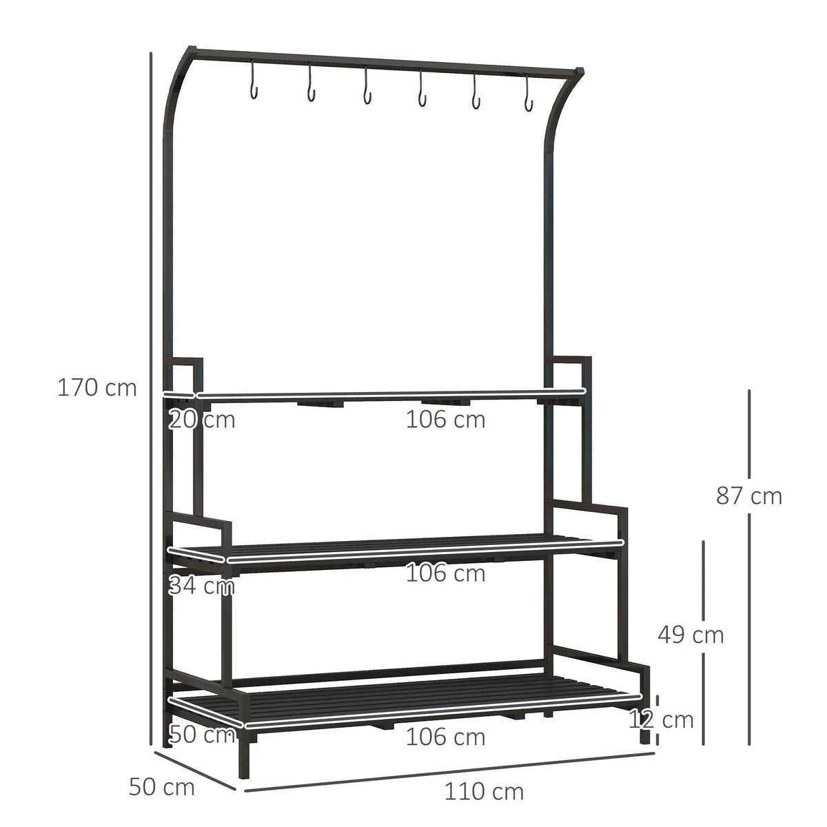 Black 3-tier plant stand with hanging hooks, side supports, and three open shelves