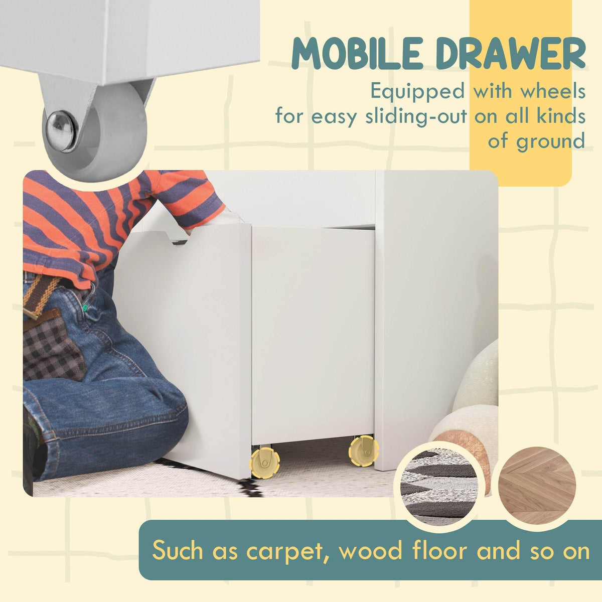 White mobile drawer with smooth-glide wheels for a children’s bookcase