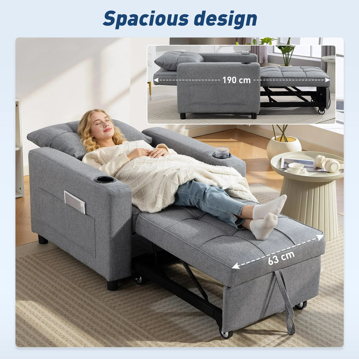 Dark grey sofa bed in bed position with tufted cushions and black metal legs
