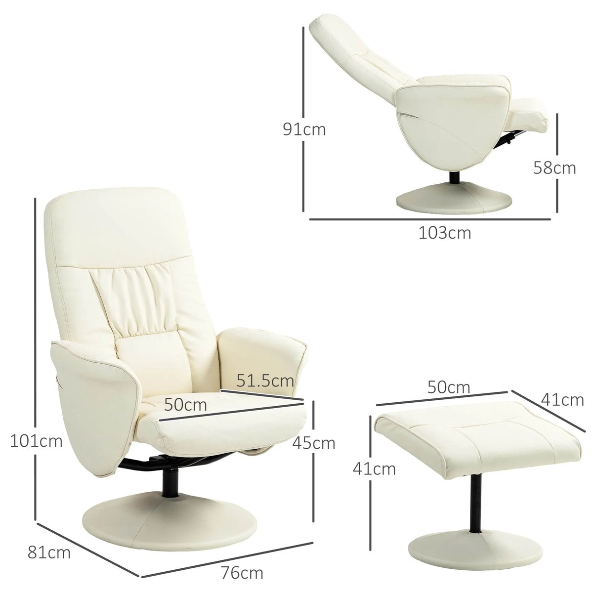 Cream swivel recliner chair and ottoman with visible dimensions and base