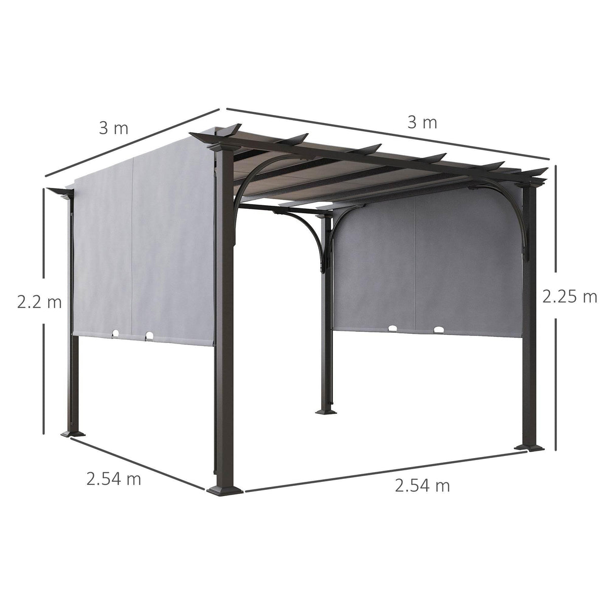 Grey metal gazebo pergola with grey side panels and curved canopy roof
