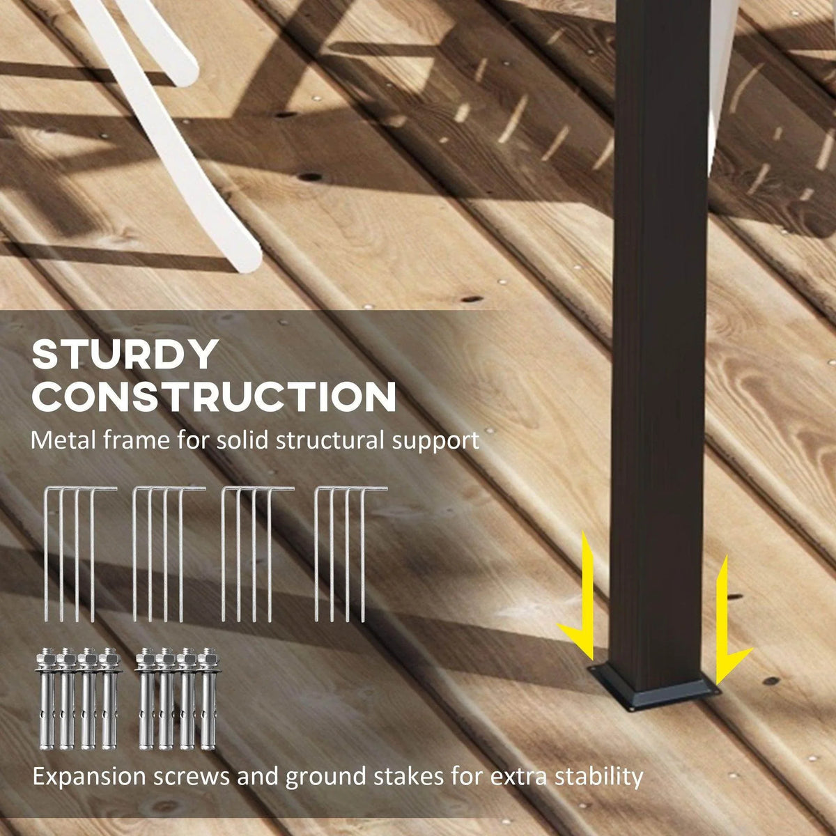Metal frame corner with ground stakes and screws for stable retractable canopy pergola