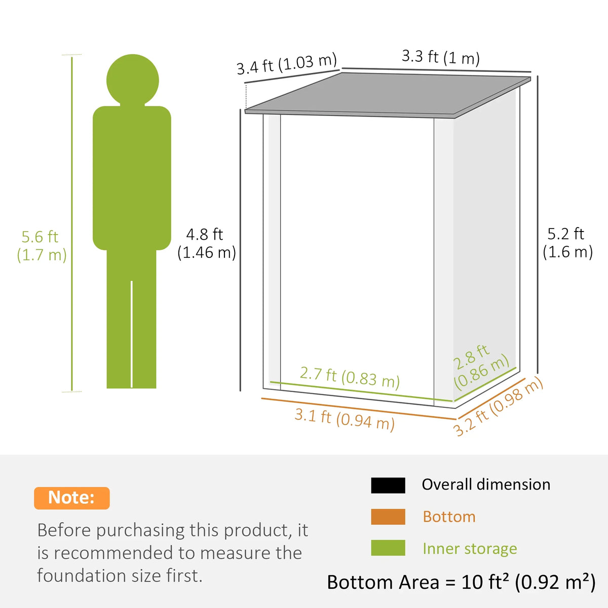 3.3x3.4 ft lean-to steel shed size diagram with height and width measurements