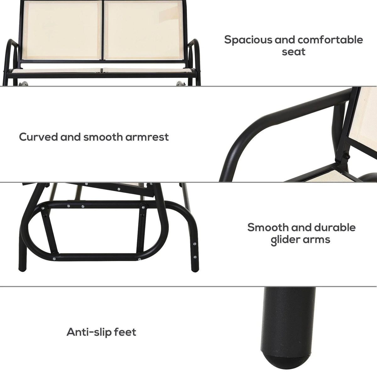 Curved armrests and anti-slip feet on a beige mesh patio glider bench