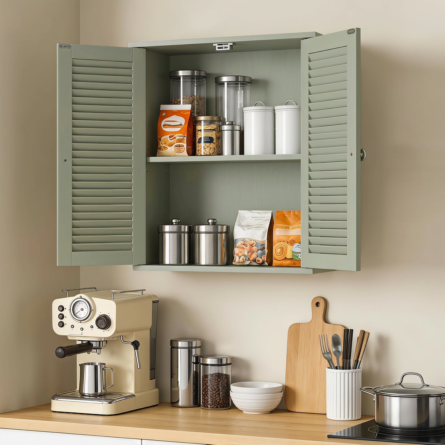 HOMCOM Bathroom Wall Cabinet With Louvered Doors And Adjustable Shelf Storage Light Green