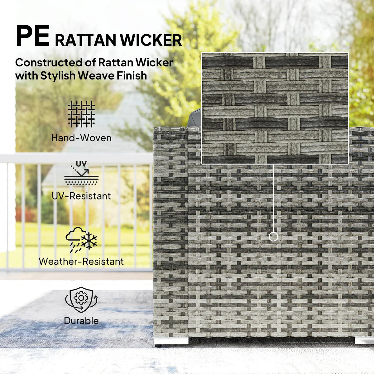 Gray PE rattan wicker material close-up with hand-woven pattern