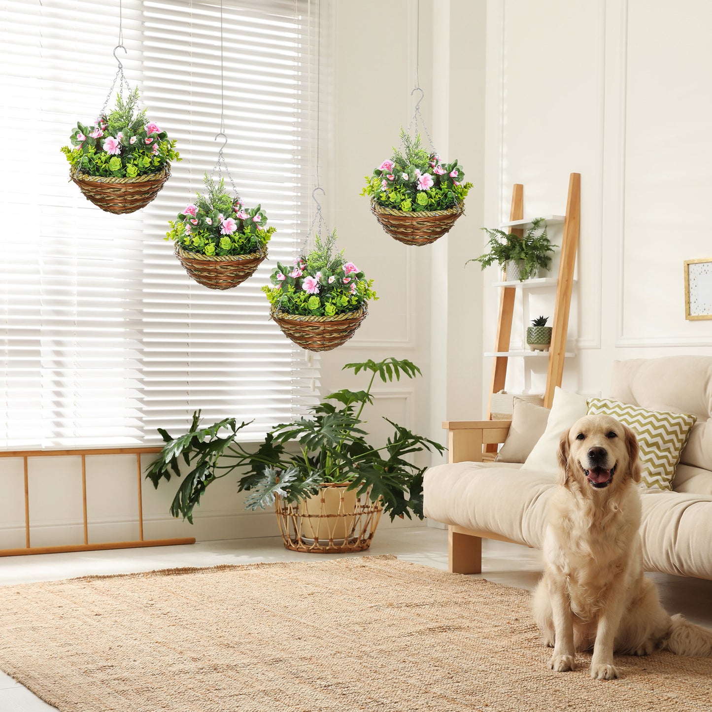 Outsunny Set Of Four Hanging Lisianthus Flower Pots Pink And Green Artificial Plants For Indoor Decor